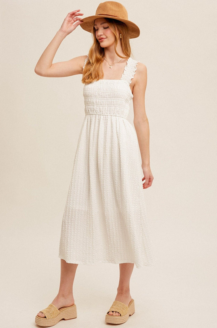 Hem & Thread Ruffle-Trimmed Shoulder Strap Smocked Bodice Midi Dress