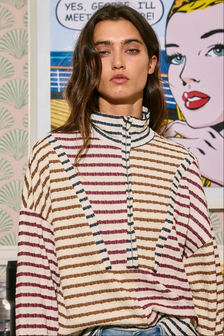 High Neck Multicolor Stripe Print Half Zip Up Pullover