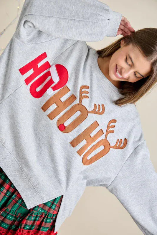 HO HO HO Santa and Reindeer Lettering Christmas Sweatshirt