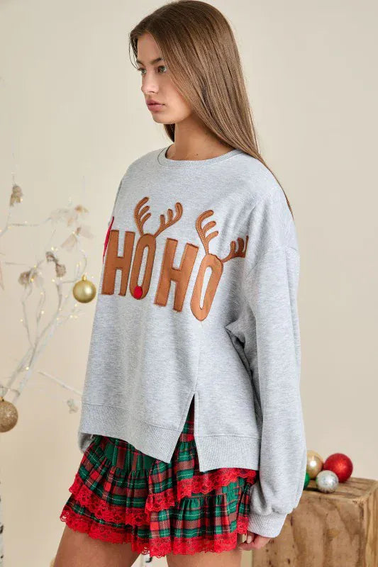 HO HO HO Santa and Reindeer Lettering Christmas Sweatshirt