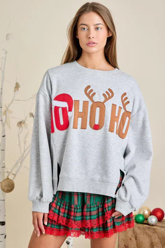 HO HO HO Santa and Reindeer Lettering Christmas Sweatshirt