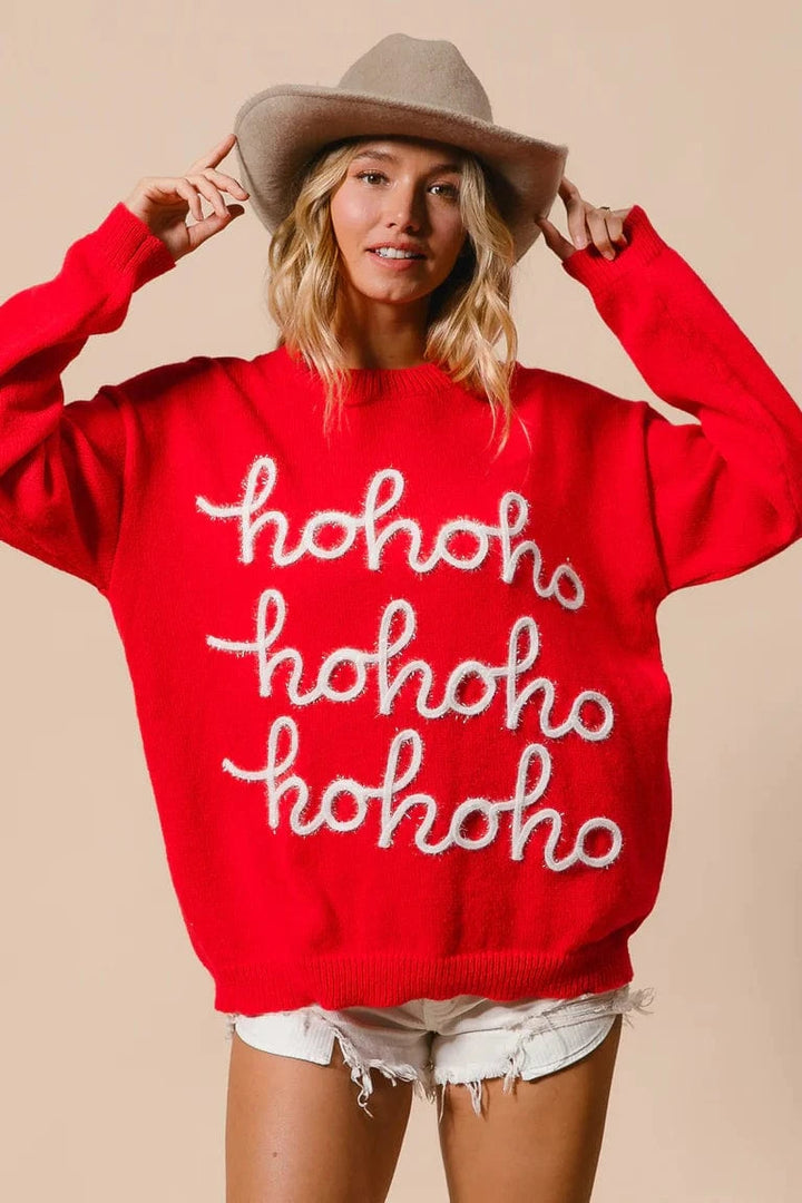 HoHoHo Slightly Tilted Tinsel Lettering Christmas Sweater