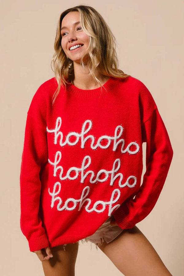 HoHoHo Slightly Tilted Tinsel Lettering Christmas Sweater