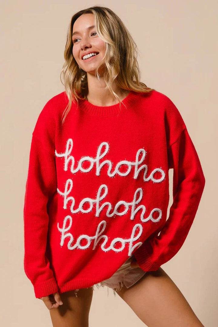 HoHoHo Slightly Tilted Tinsel Lettering Christmas Sweater