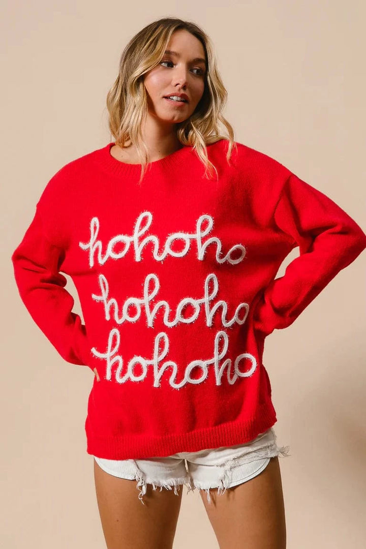 HoHoHo Slightly Tilted Tinsel Lettering Christmas Sweater