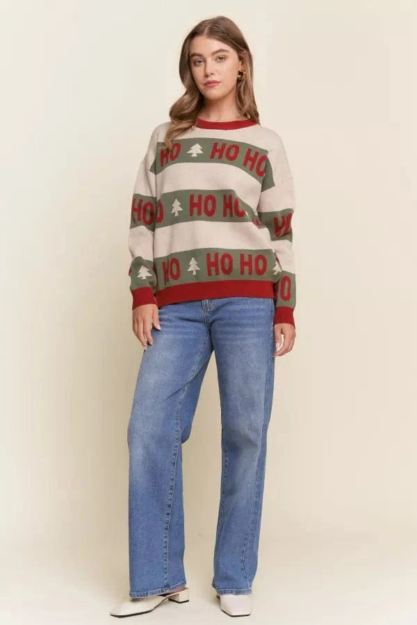 HOHOHO Text Color Block Stripe Holiday Sweater