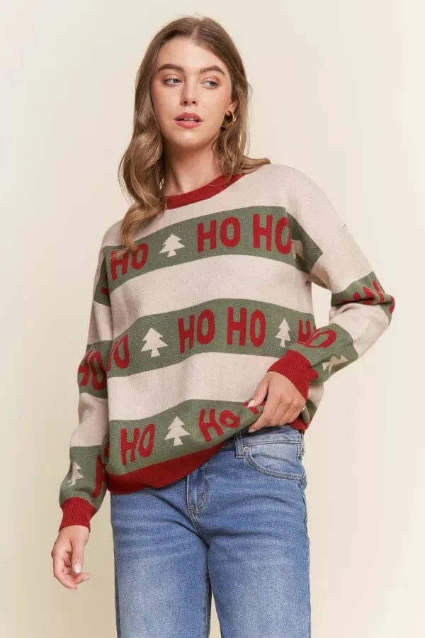 HOHOHO Text Color Block Stripe Holiday Sweater