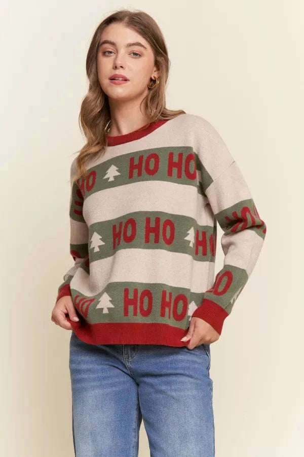 HOHOHO Text Color Block Stripe Holiday Sweater