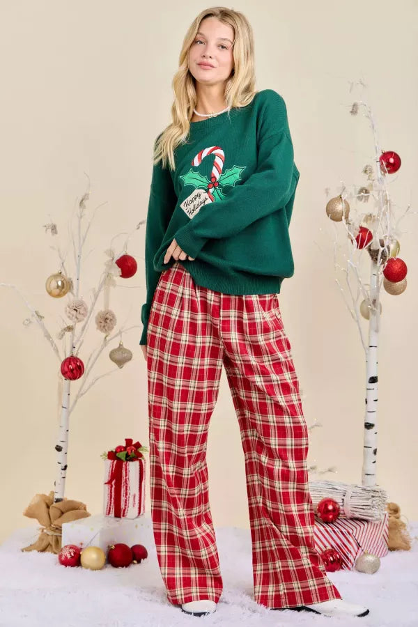 Holiday Plaid Print Wide Leg Trousers
