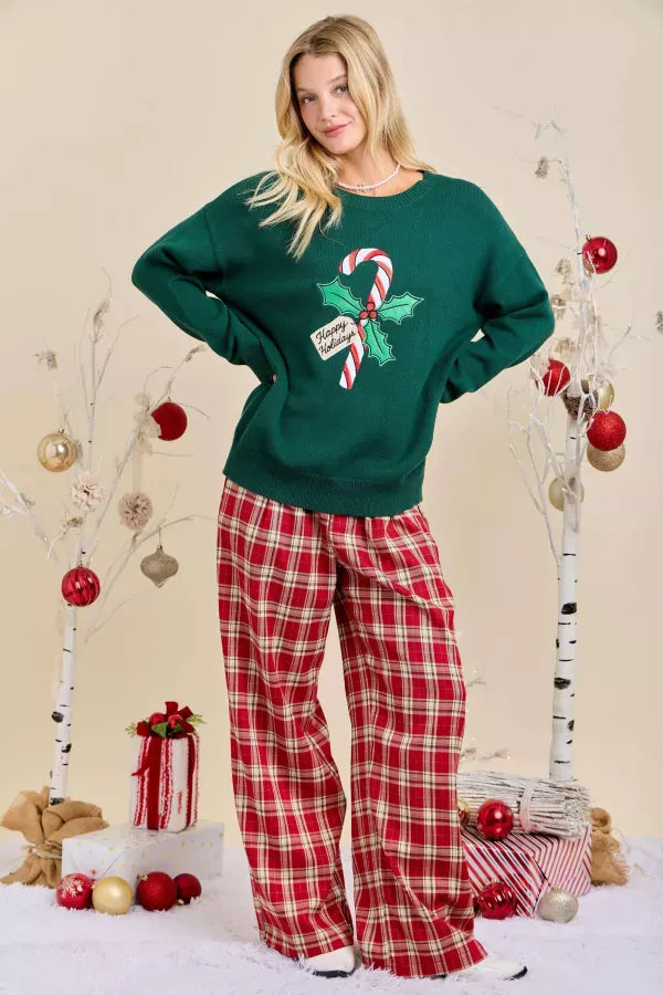 Holiday Plaid Print Wide Leg Trousers