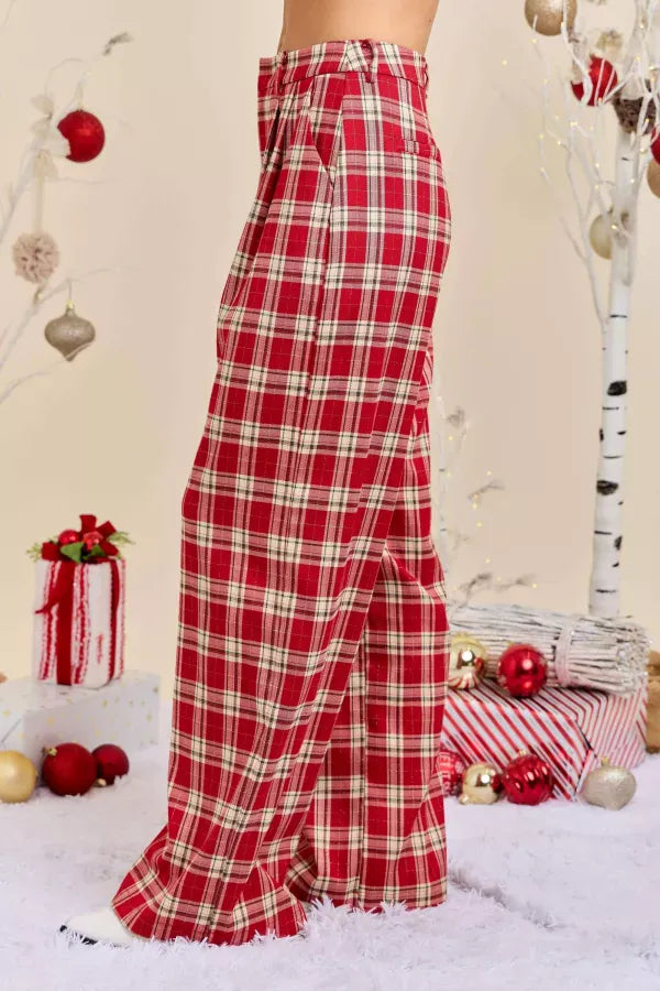 Holiday Plaid Print Wide Leg Trousers