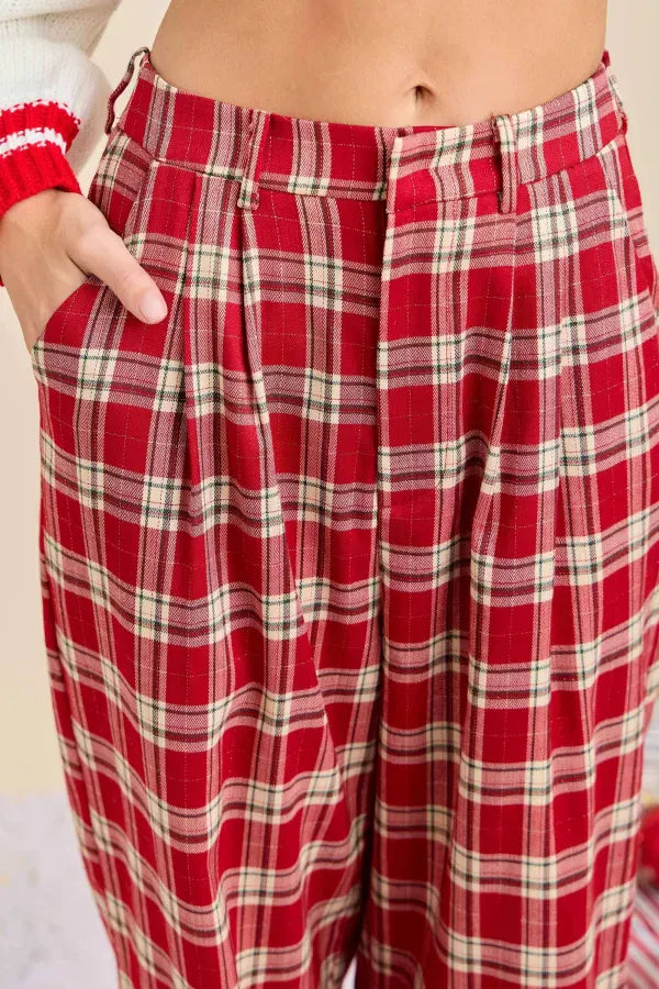 Holiday Plaid Print Wide Leg Trousers