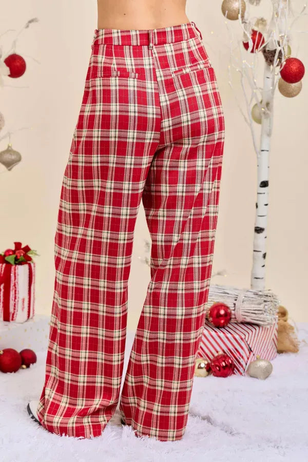 Holiday Plaid Print Wide Leg Trousers