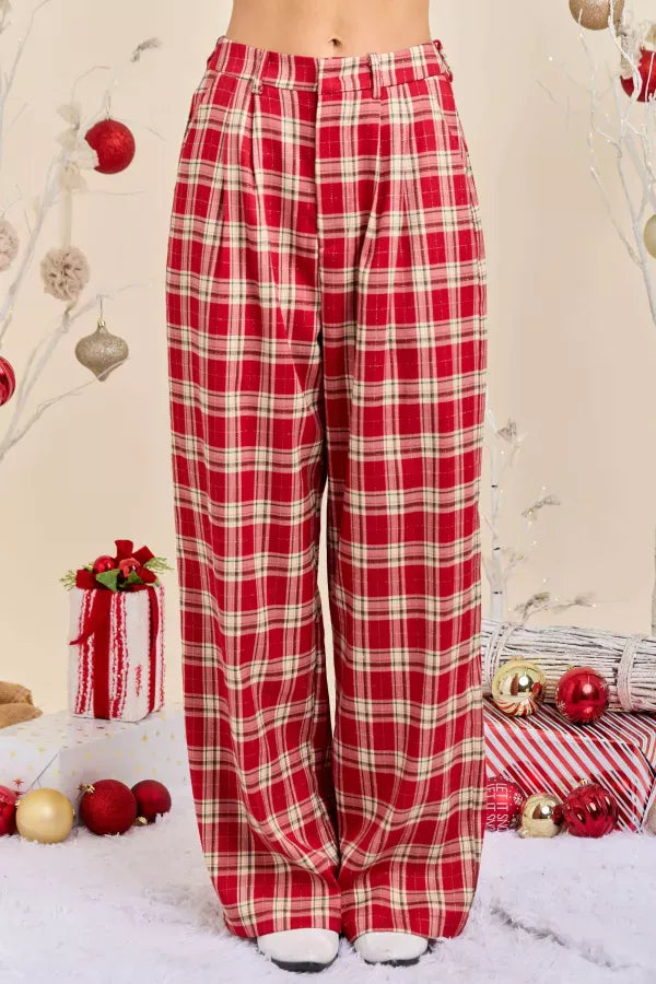 Holiday Plaid Print Wide Leg Trousers