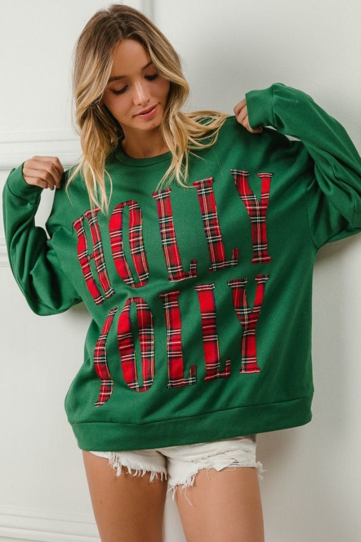 HOLLY JOLLY Plaid Lettering Christmas Sweatshirt Pullover