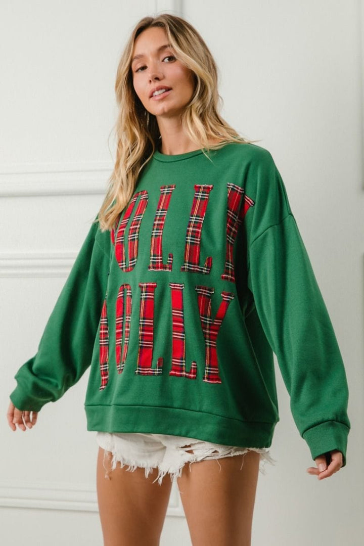 HOLLY JOLLY Plaid Lettering Christmas Sweatshirt Pullover