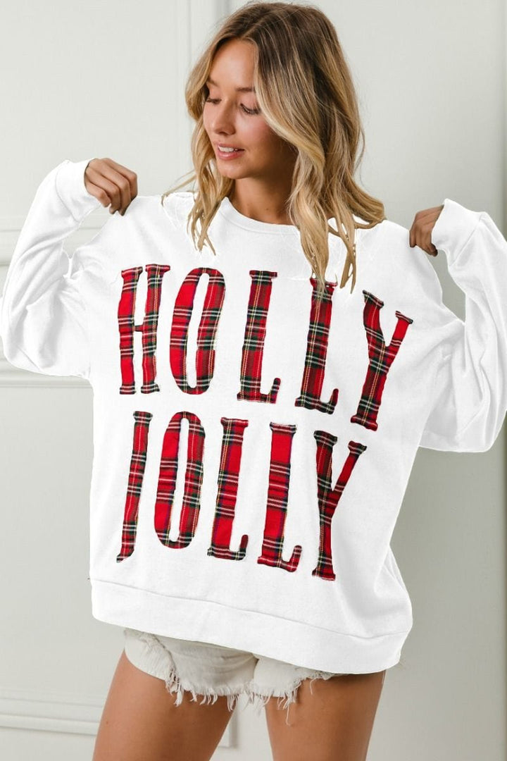 HOLLY JOLLY Plaid Lettering Christmas Sweatshirt Pullover