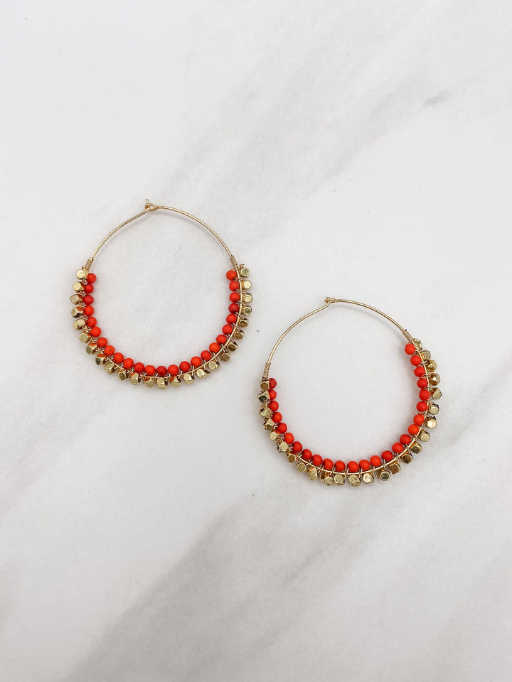 Hoop Earring with Orange and Gold Bead Detail