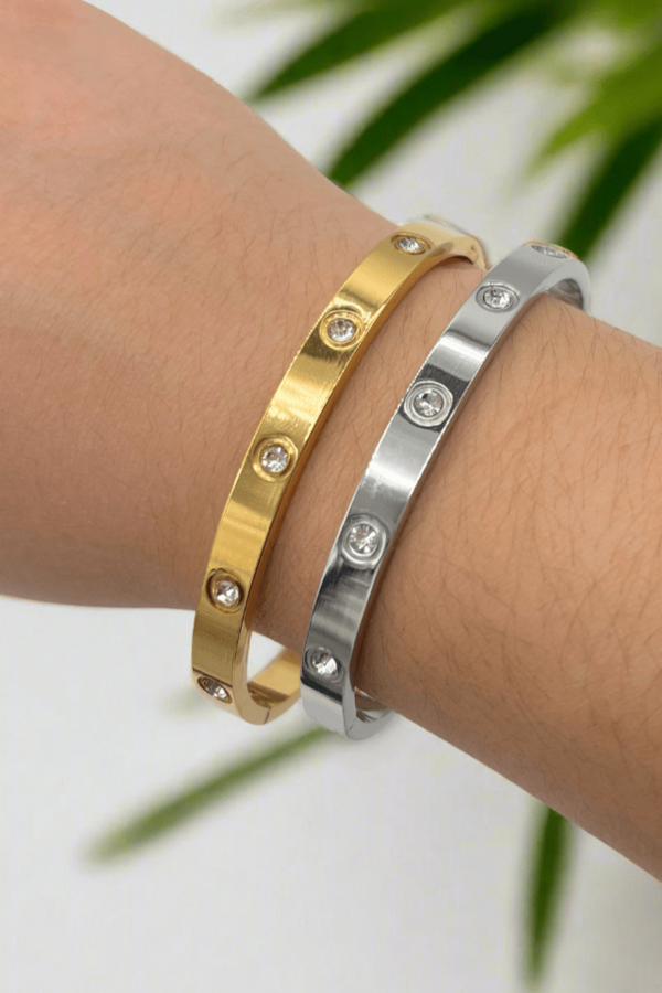 Inlay Gemstone Simple Hinged Stainless Steel Bangle Bracelet
