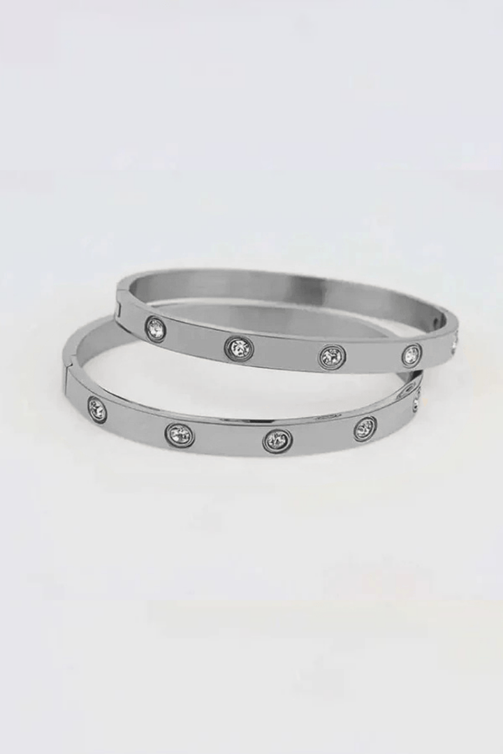 Inlay Gemstone Simple Hinged Stainless Steel Bangle Bracelet