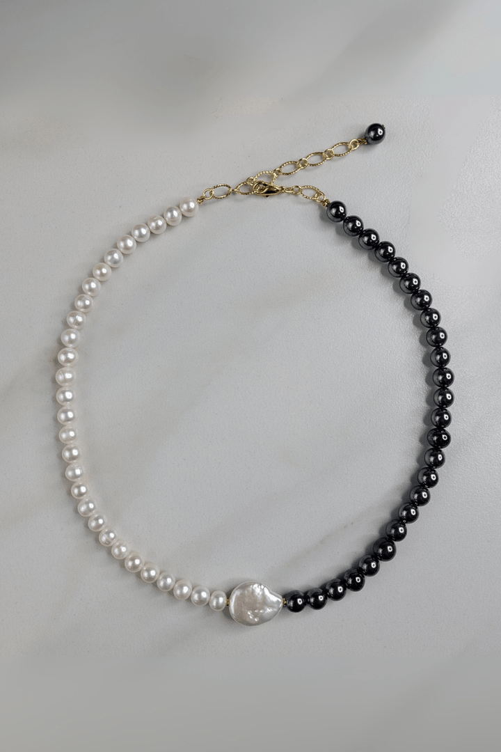 Iridescent Mercury Necklace Handmade with Freshwater Pearls and Vintage Beads