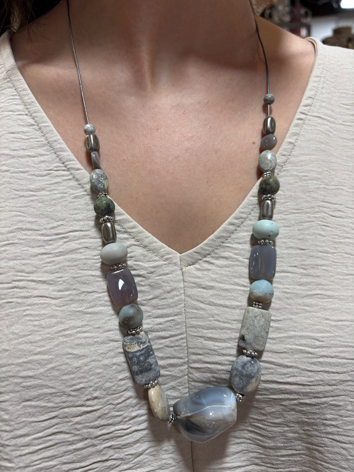 Jacinth Handmade Mixed Genuine Stone Beaded Necklace on Leather Cord