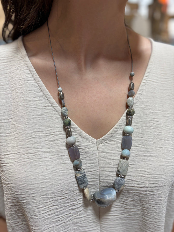 Jacinth Handmade Mixed Genuine Stone Beaded Necklace on Leather Cord