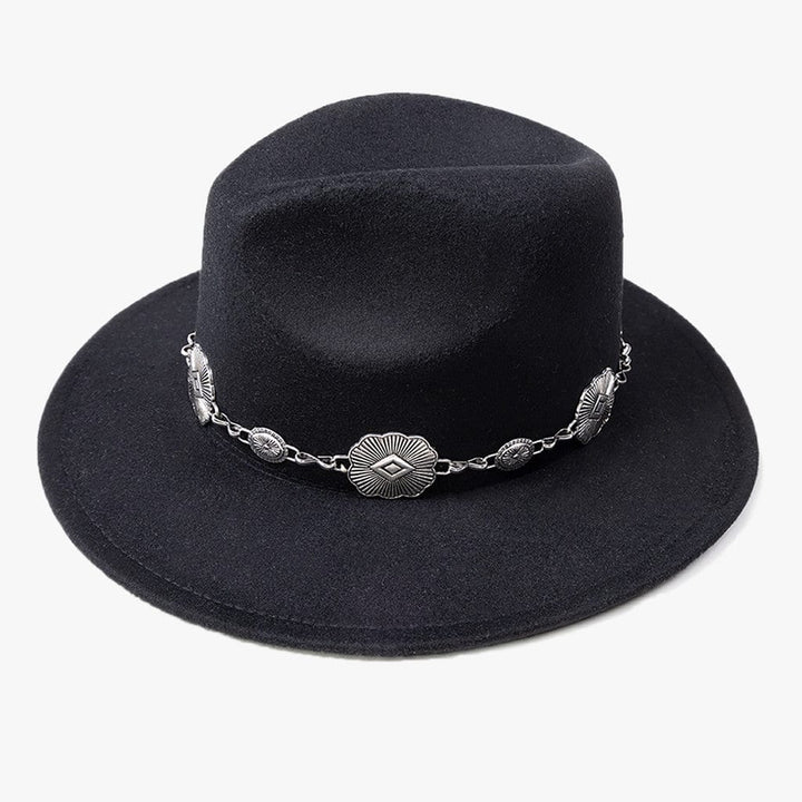 Jen & Co Annette Fedora with Concho Chain Band and Wide Brim