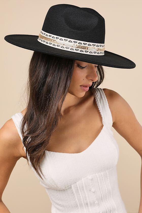 Jen & Co Genesis Wide Brim Hat with Ornate Gold Metal Band