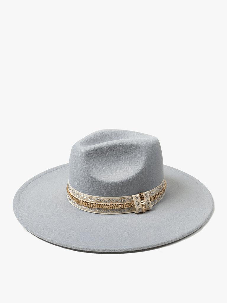 Jen & Co Genesis Wide Brim Hat with Ornate Gold Metal Band