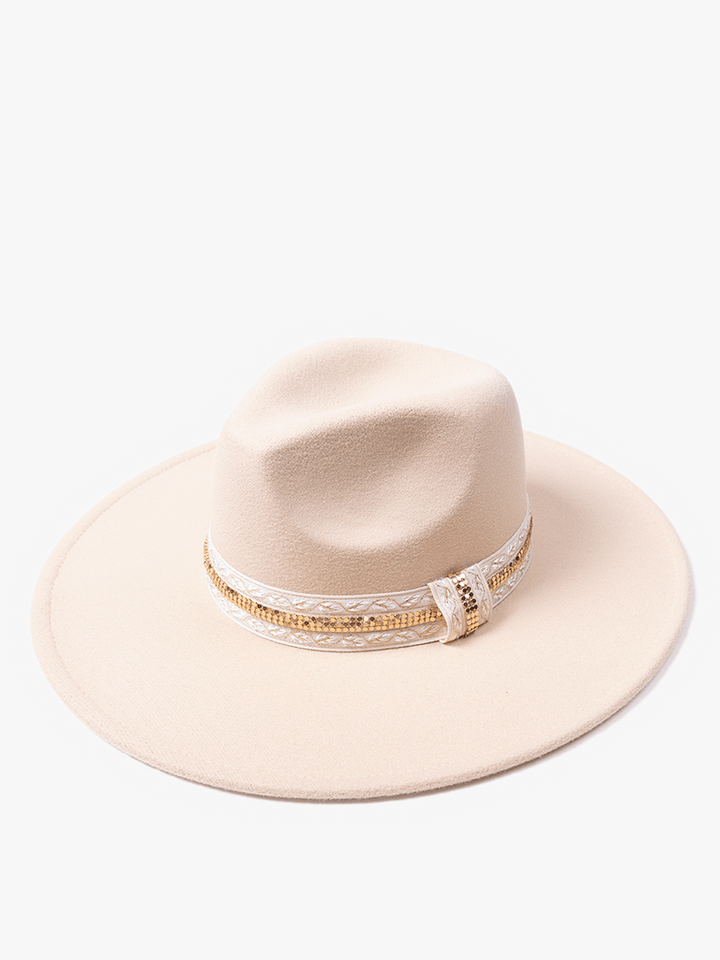 Jen & Co Genesis Wide Brim Hat with Ornate Gold Metal Band