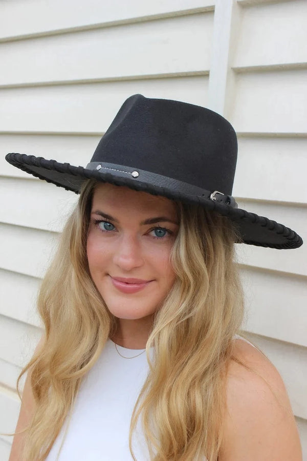Jen & Co Scheana Wide Brim Fedora With Whipstitch Trim and Vegan Leather Band