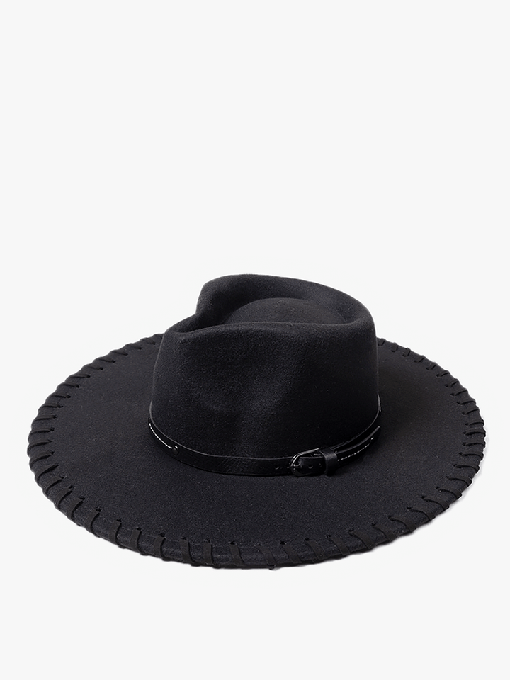 Jen & Co Scheana Wide Brim Fedora With Whipstitch Trim and Vegan Leather Band