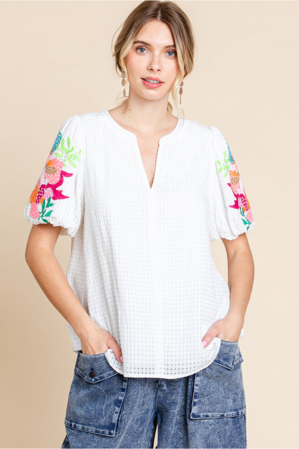 Jodifl Plaid Textured Slit Neck Short Embroidered Puff Sleeve Top