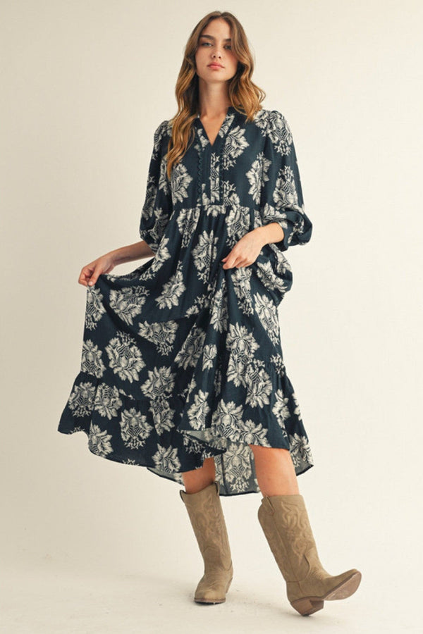 Jodifl 3/4 Puff Sleeve Midi Length Boho Floral Dress