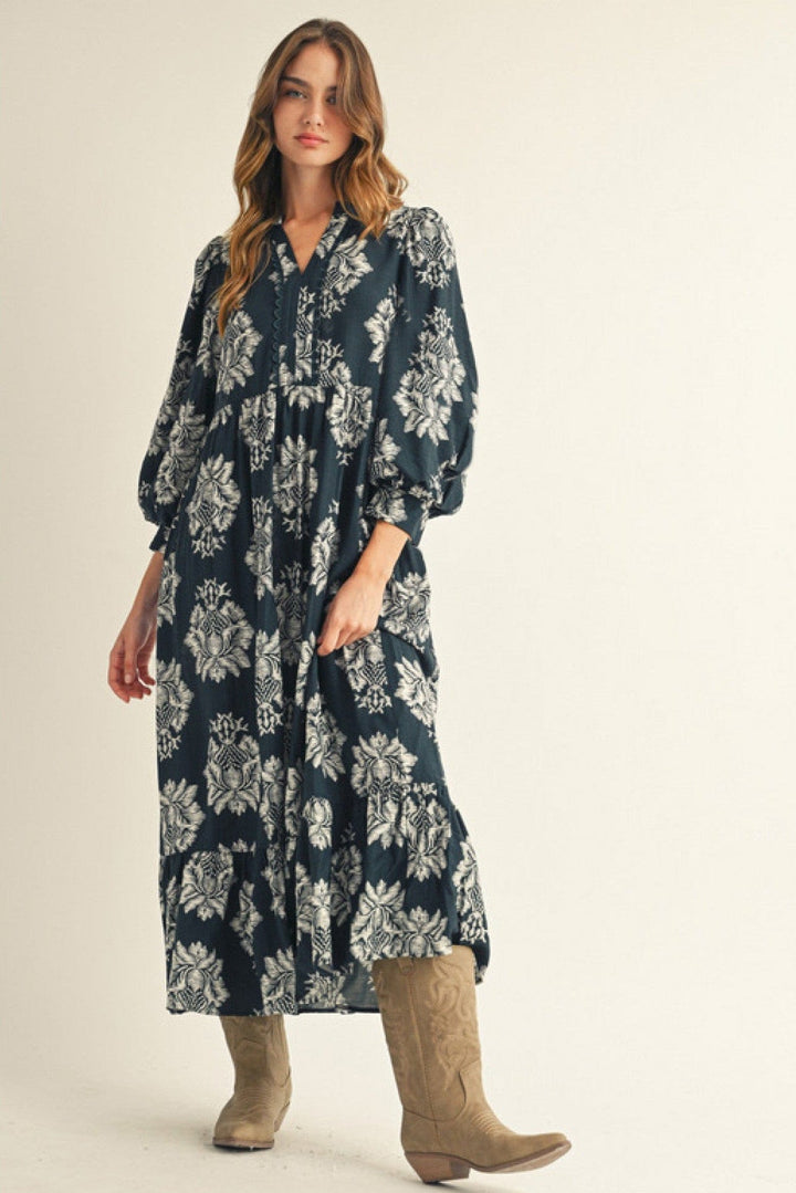 Jodifl 3/4 Puff Sleeve Midi Length Boho Floral Dress