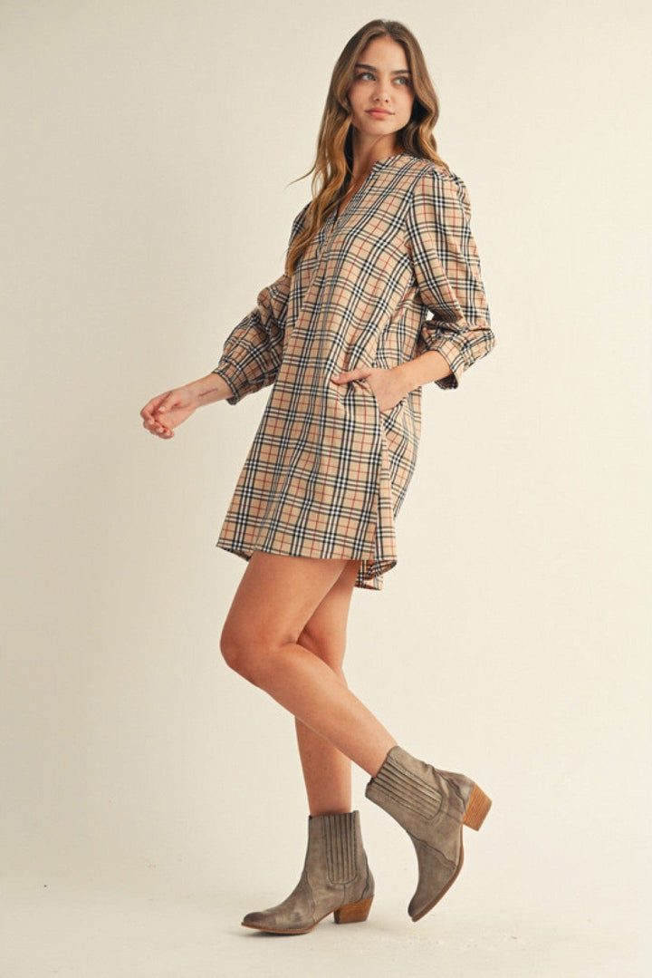 Jodifl 3/4 Puff Sleeve Plaid Split V-Neckline Mini Dress