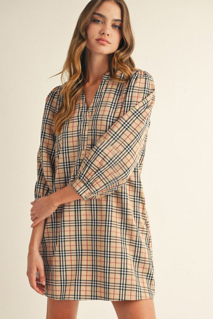 Jodifl 3/4 Puff Sleeve Plaid Split V-Neckline Mini Dress