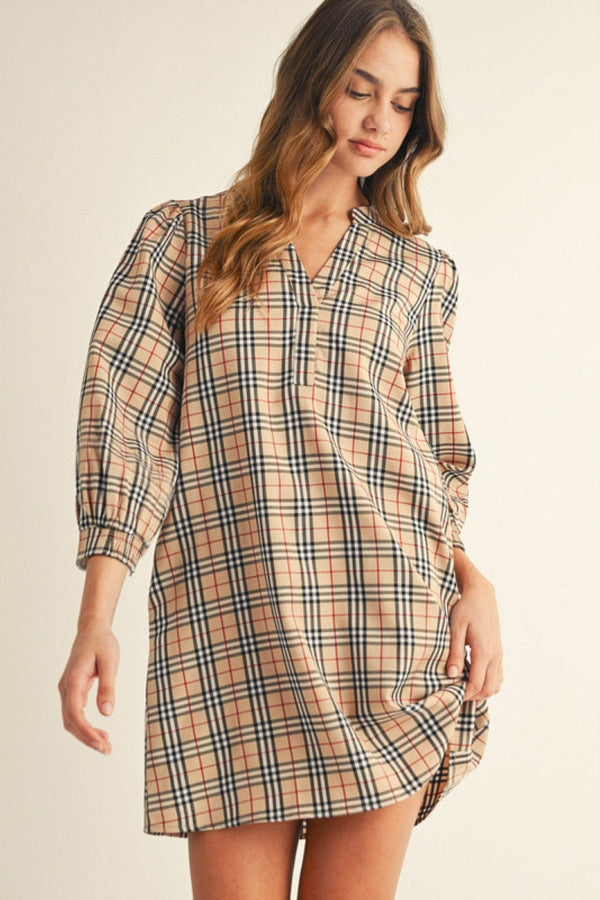 Jodifl 3/4 Puff Sleeve Plaid Split V-Neckline Mini Dress