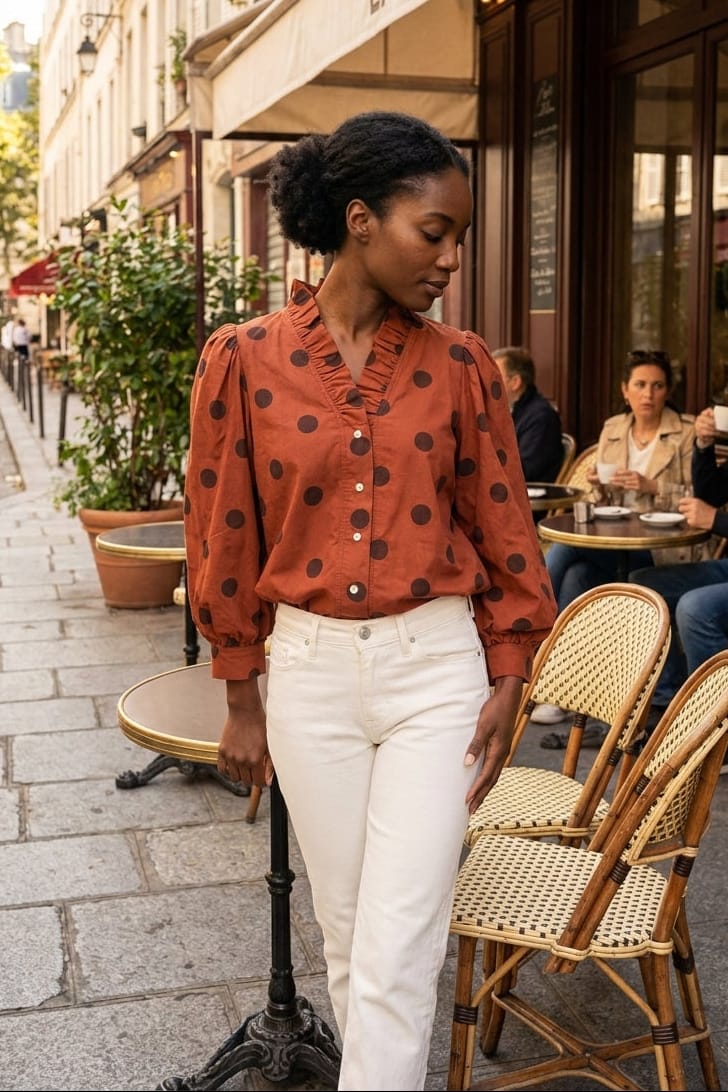 Jodifl 3/4 Puff Sleeve Ruffle Neckline Polka Dot Top – jfybrand