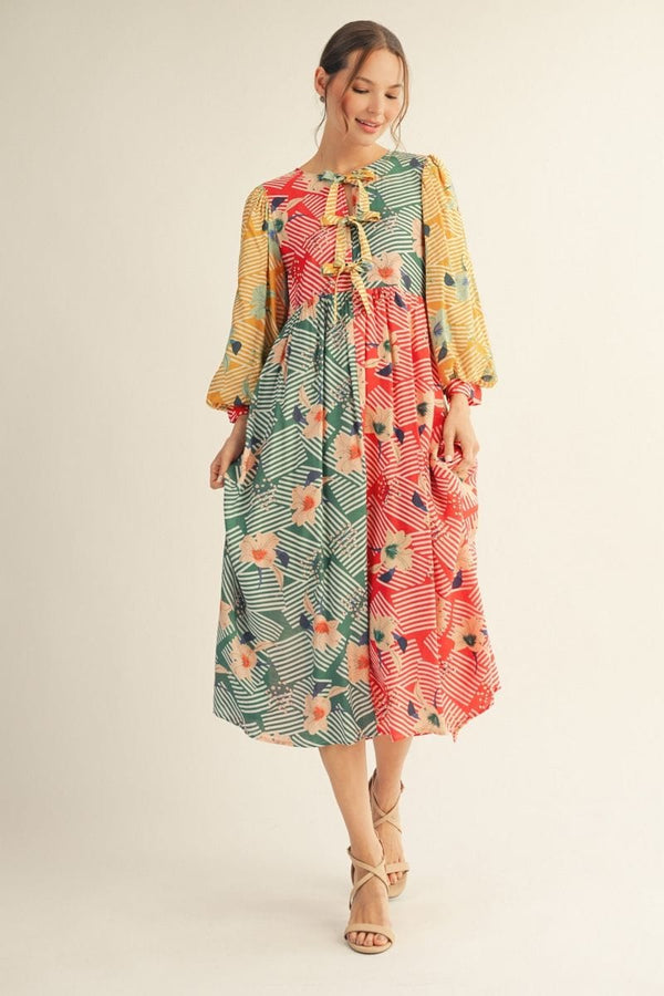 Jodifl Flower Embroidered 3/4 Sleeves Striped Midi Dress with Belted W –  jfybrand