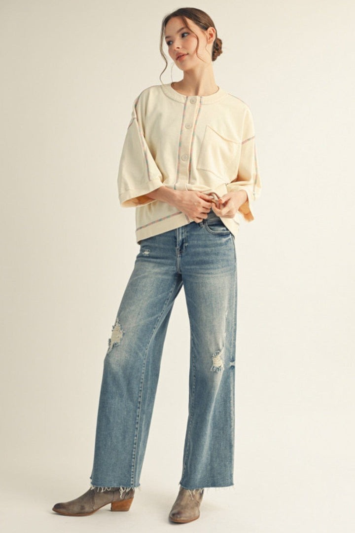 Jodifl 3/4 Sleeve Button Down Raw Edge Chest Pocket Casual Top