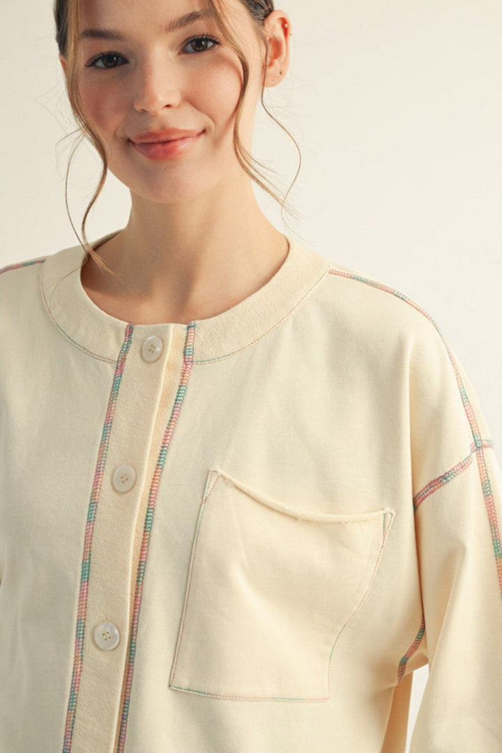 Jodifl 3/4 Sleeve Button Down Raw Edge Chest Pocket Casual Top