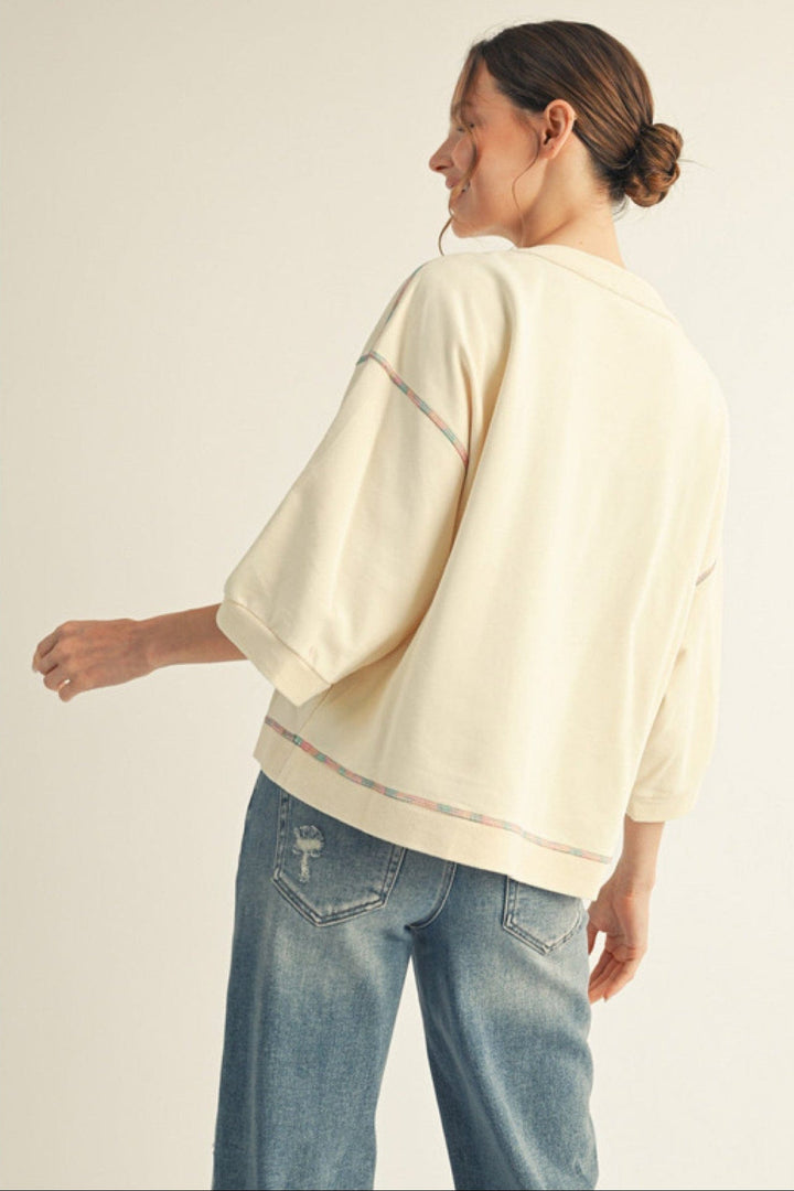 Jodifl 3/4 Sleeve Button Down Raw Edge Chest Pocket Casual Top