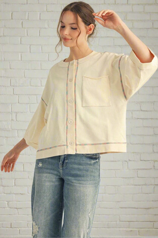 Jodifl 3/4 Sleeve Button Down Raw Edge Chest Pocket Casual Top