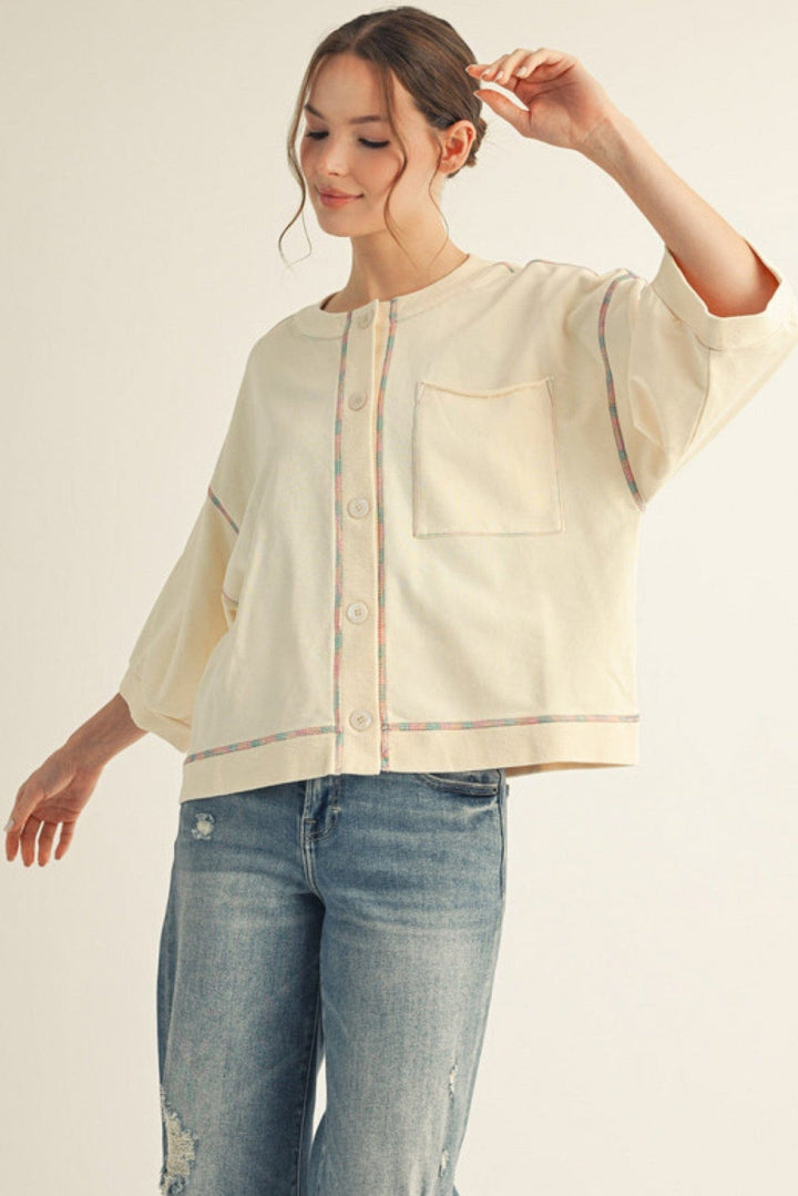 Jodifl 3/4 Sleeve Button Down Raw Edge Chest Pocket Casual Top