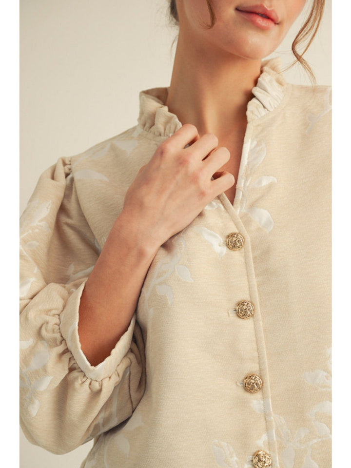 Jodifl 3/4 Sleeve Floral Jacquard Button Down Top