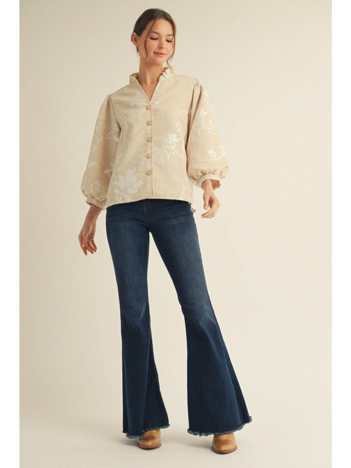 Jodifl 3/4 Sleeve Floral Jacquard Button Down Top