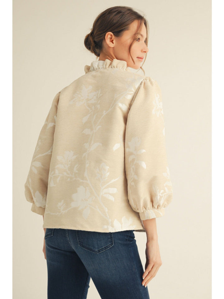 Jodifl 3/4 Sleeve Floral Jacquard Button Down Top