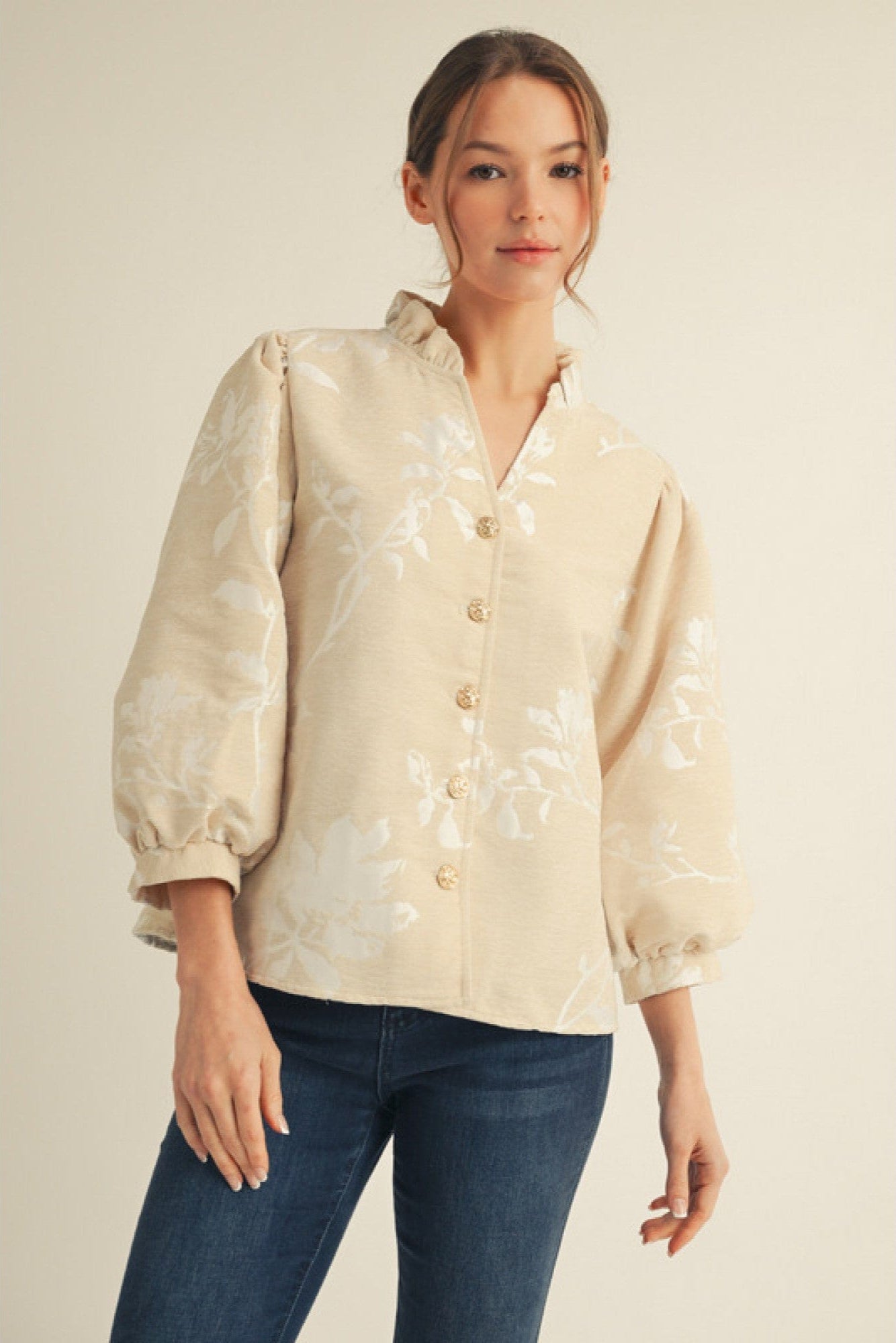 Jodifl 3/4 Sleeve Floral Jacquard Button Down Top – jfybrand